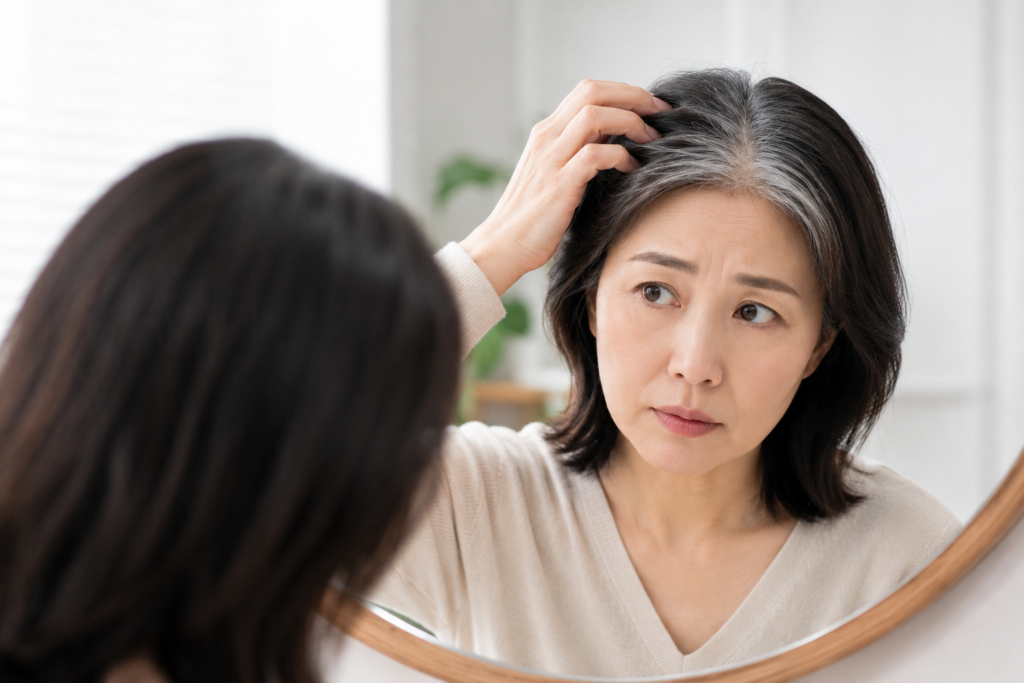 새치 염색 전 두피부터 볼까요? 거울 속 새치 머리를 보고 있는 모습