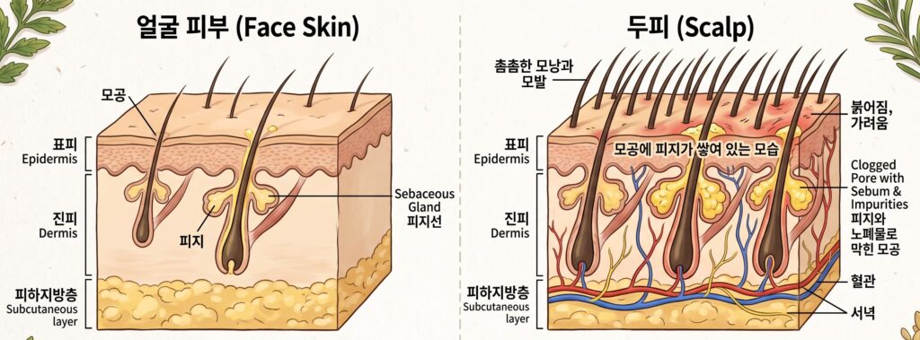 두피 구조와 천연 허브 디톡스가 필요한 피지선 단면도 일러스트